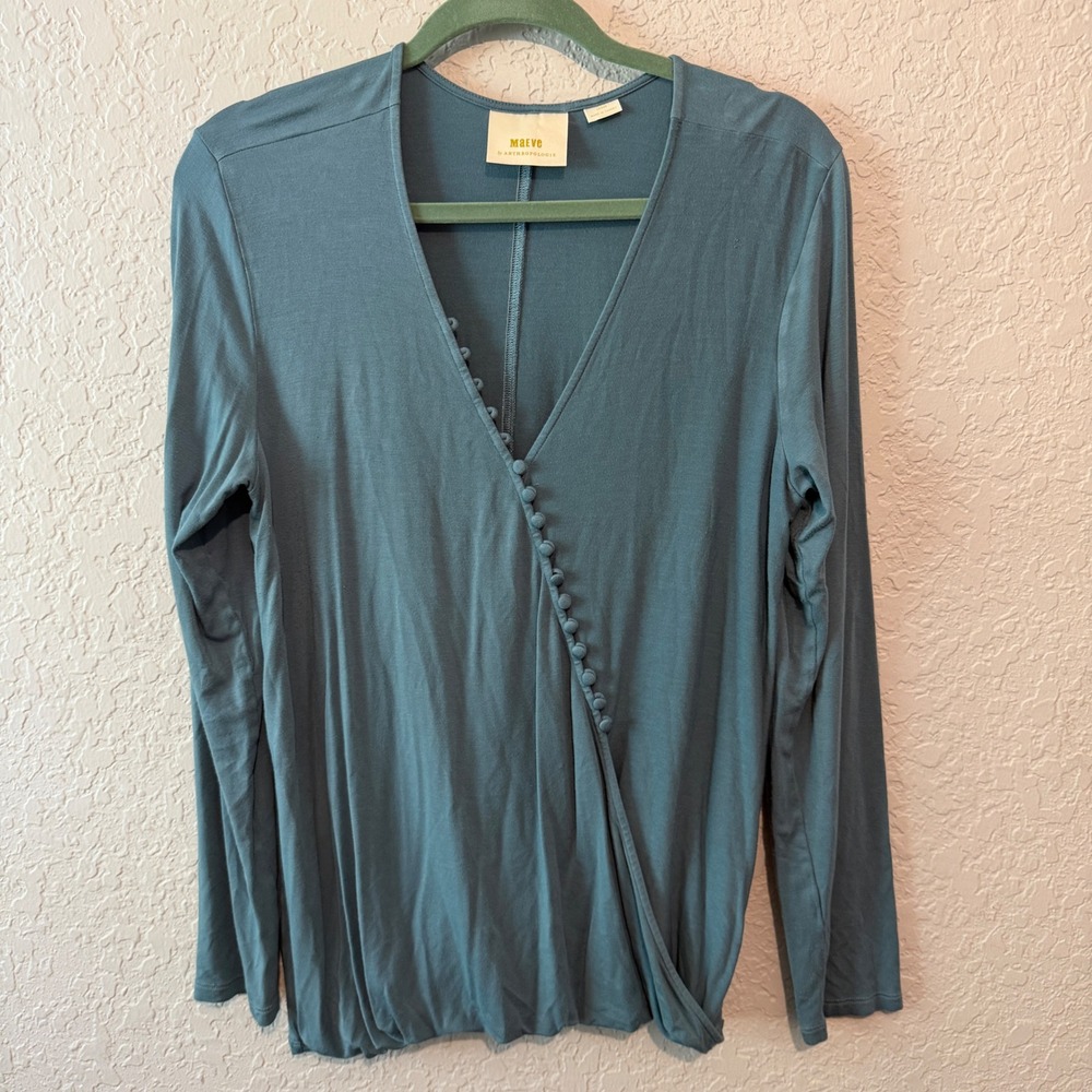 Maeve Anthropologie Surplice Faux Button Top Blue Boho Romantic Long Sleeve - Picture 1 of 6